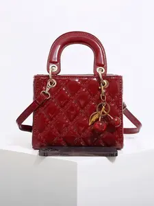 Plaid Handbag with Cherry Charm, Fashionable Versatile Tote Bag, Casual Women's Shoulder Crossbody Bag, Plain Style, PU Tote Satchel