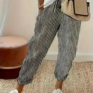 Women’s striped print pocket elastic waist pants, casual comfortable trousers for daily wear, ladies bottoms for all seasons