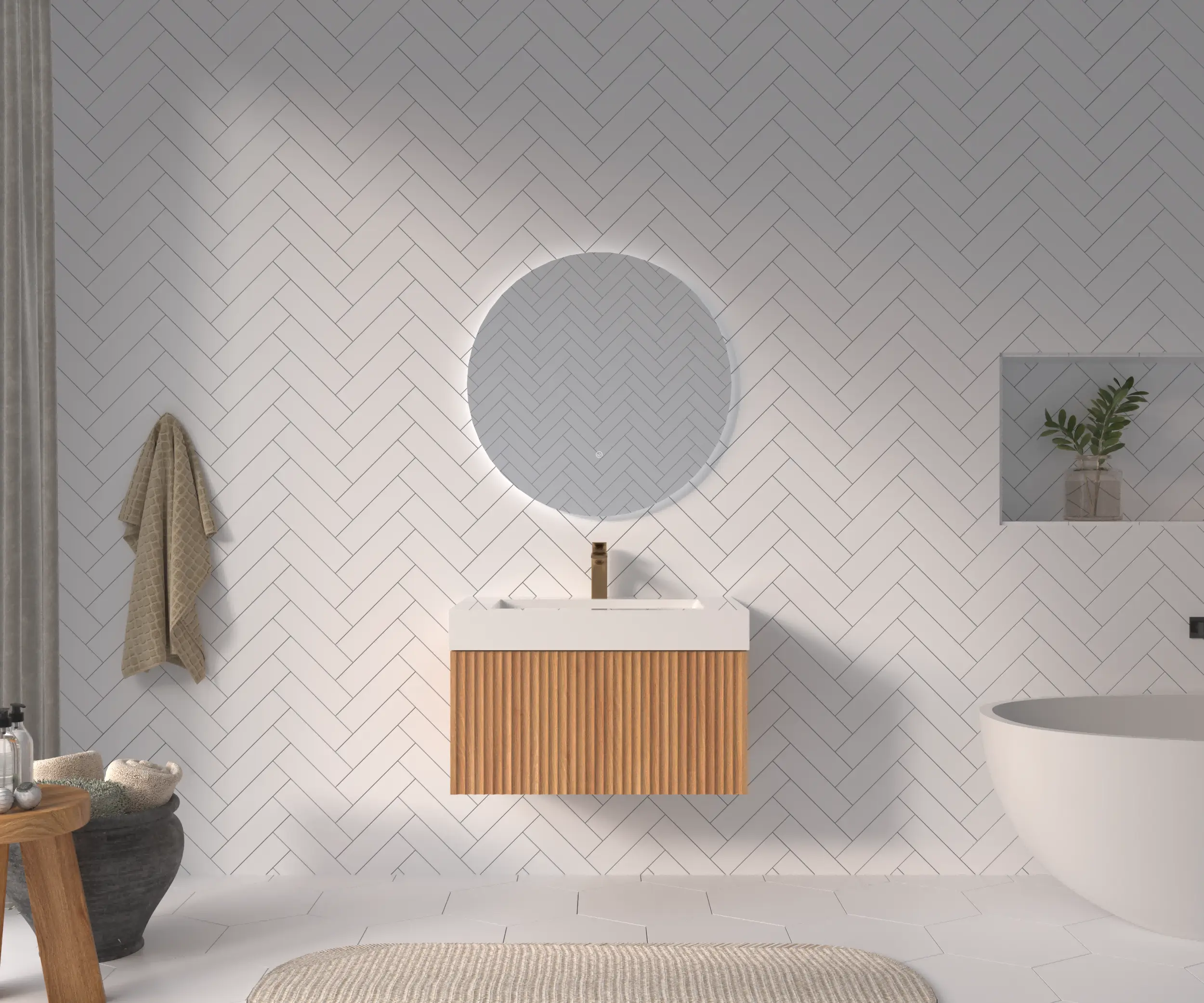 30 Inch Wall Mounted Floating Bathroom Vanity with Integrated Sink, Modern Minimalist Plywood Cabinet in Acacia Finish, Compact Space-Saving Design for Small Bathrooms, Single Basin Vanity Unit, Bathroom Furniture for Vanity Area, Storage