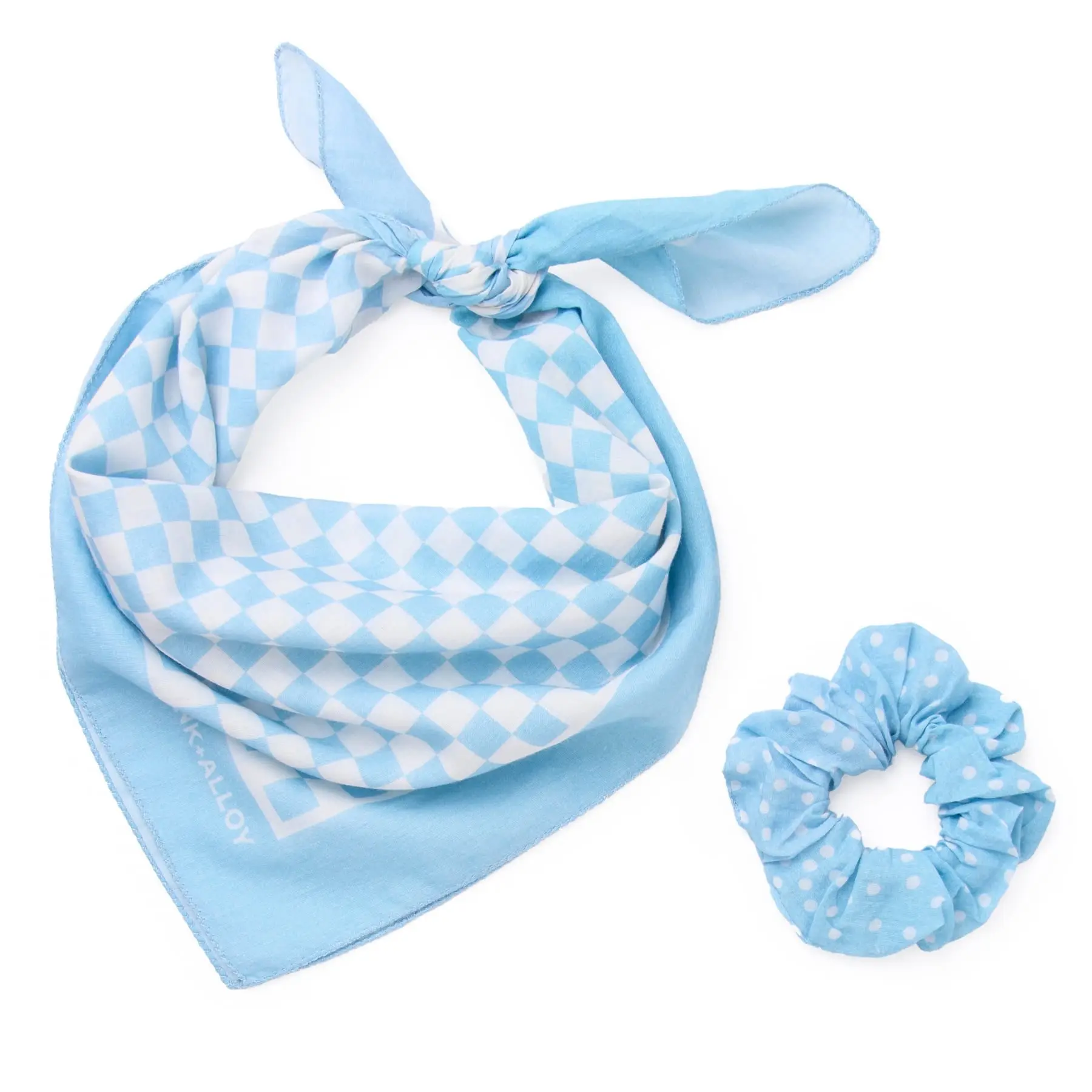 Game Day Check Scarf + Scrunchie Light Blue + White 21x21
