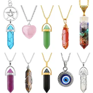 10 Pcs Healing Crystal Necklace Set for Women, Chakra Gemstone Pendant Jewelry with Amethyst, Rose Quartz Heart, Carnelian, Evil Eye, Tiger Eye, Boho Vintage Spiritual Gift