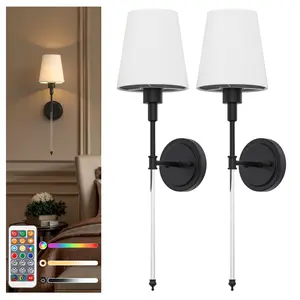 DORESshop Battery-Operated Wall Sconce Set of 2, Wireless Rechargeable Dimmable and Adjustable Wall Lamps with Glass, Easy to Install, Black, for Bedroom and Living Room