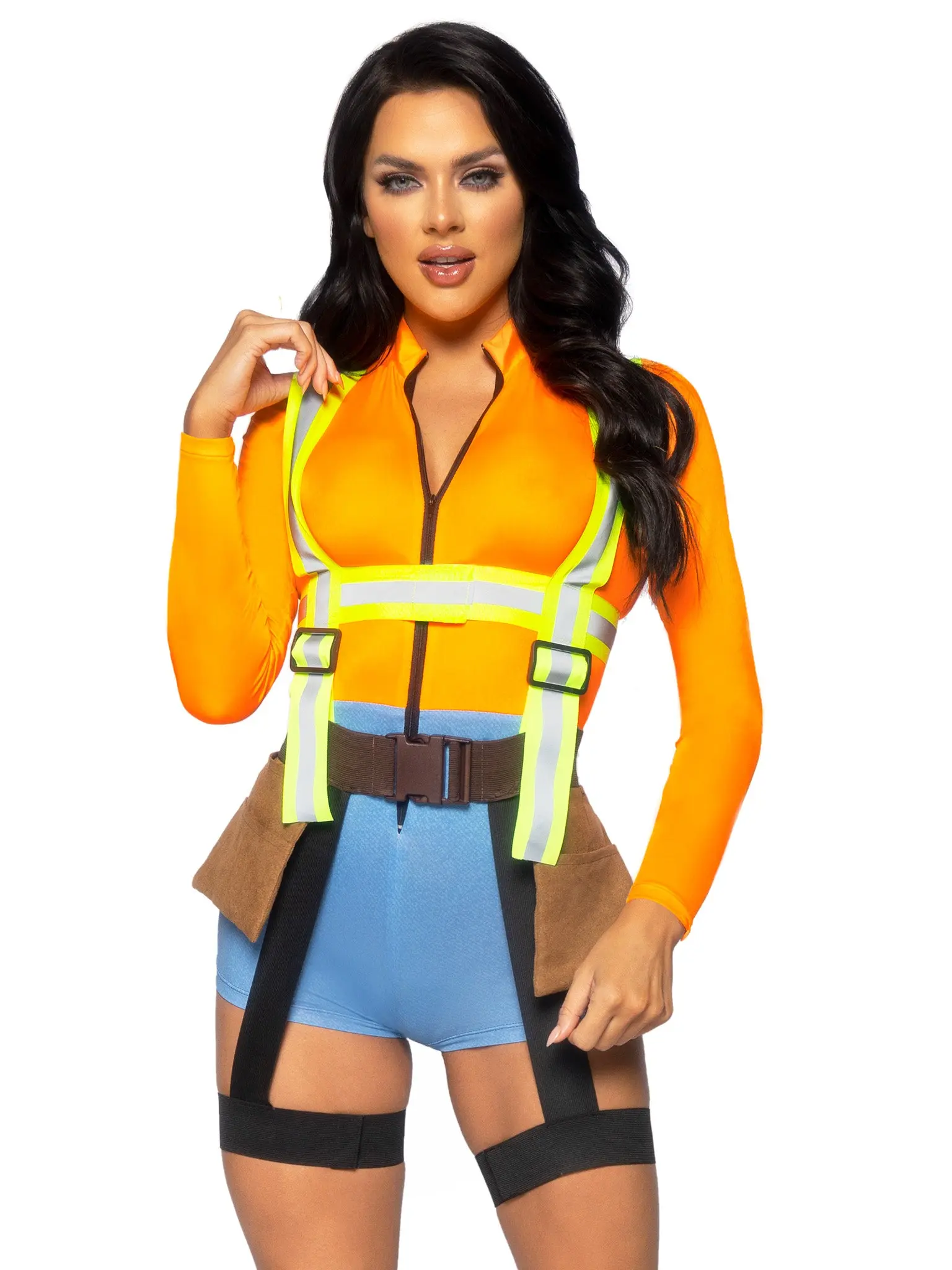 Leg Avenue Women's Construction Worker Costume, 2-Piece Sexy High Waist Bodysuit with Stretchy Fabric and Reflective Garter Harness Accessories, Clothes