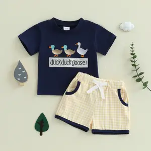 Kids Toddler Baby Boy Summer Clothes Set Mallard Duck Goose Short Sleeve T-Shirt Top Plaid Shorts 2Pcs Farm Outfit Set 3M-3Y