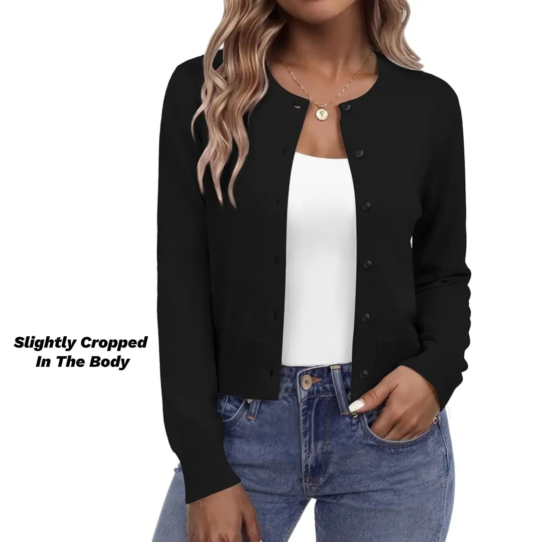 Women's Long Sleeve Button Up Cropped Cardigan Sweaters for Women Crew Neck Short Bolero Shrug for Dresses 2026 lightweight Breathable Clothes for Casual Office Layering Cover Up Women's Tops
