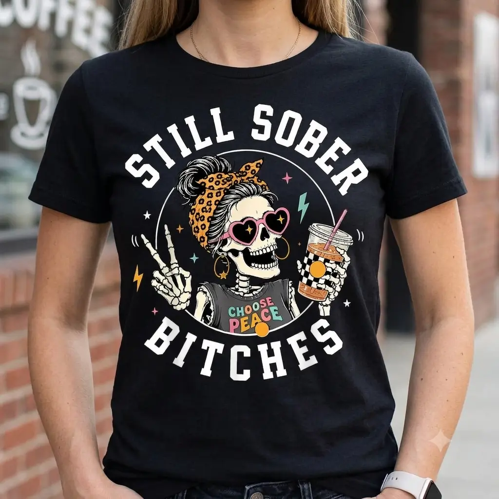 Women's T-shirts 100%cotton Still Sober Bitches Messy Bun Drinking Coffee Skeleton T-Shirt