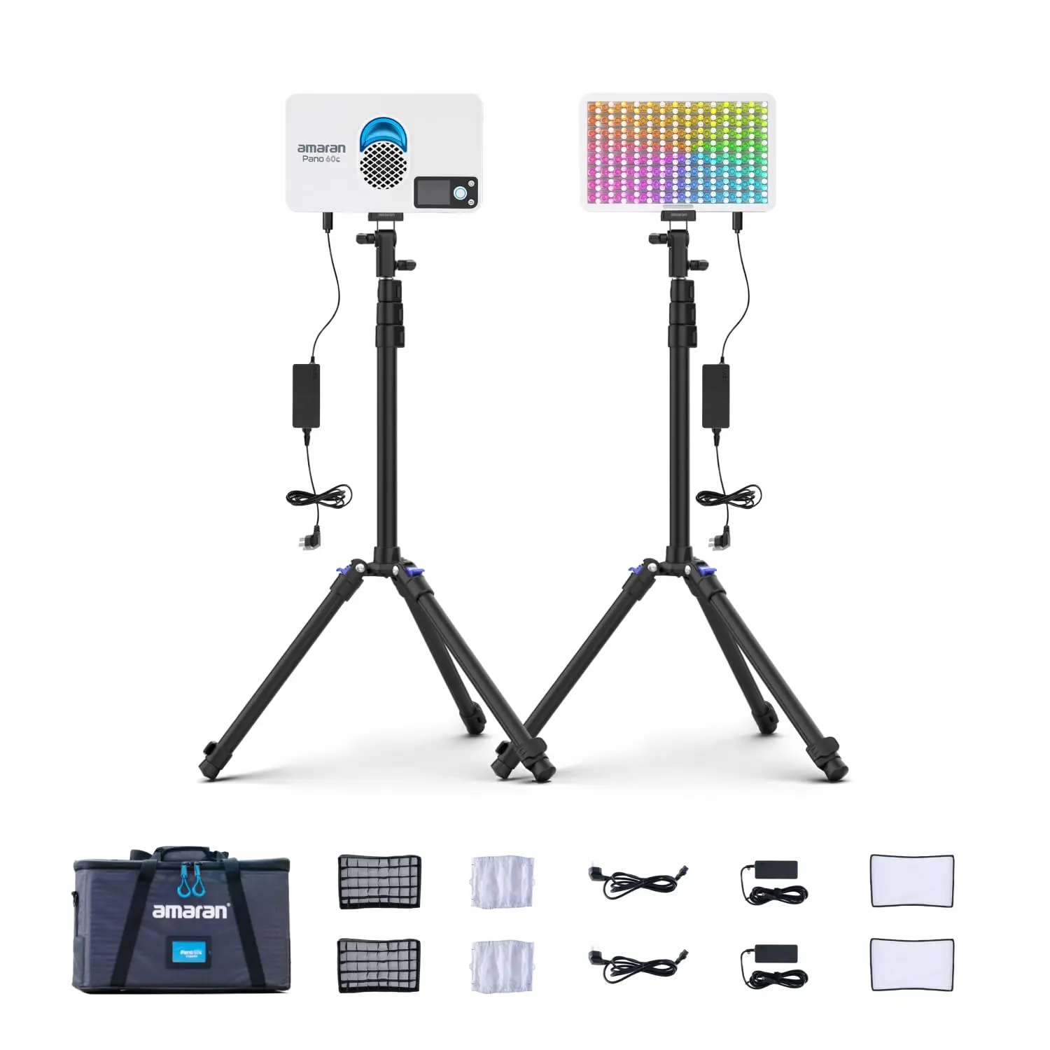 amaran Pano 60c 2-Light Kit Panel Lights,60W RGBWW Full Color LED Video Studio Light,2300~10000K Dimmable Photography Lighting Kit w/Light Stand Stream Light for Video Recording,Game Streaming