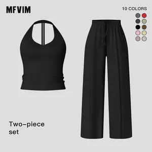 Women's Solid Halter Neck Top & Wide Leg Pants Sports Set by MFVIM - Casual Sleeveless Top & Pants for Daily Outdoor Wear, Ladies Sportswear for Tennis & Running, Workout Clothing Sweat Suit Sporty Style