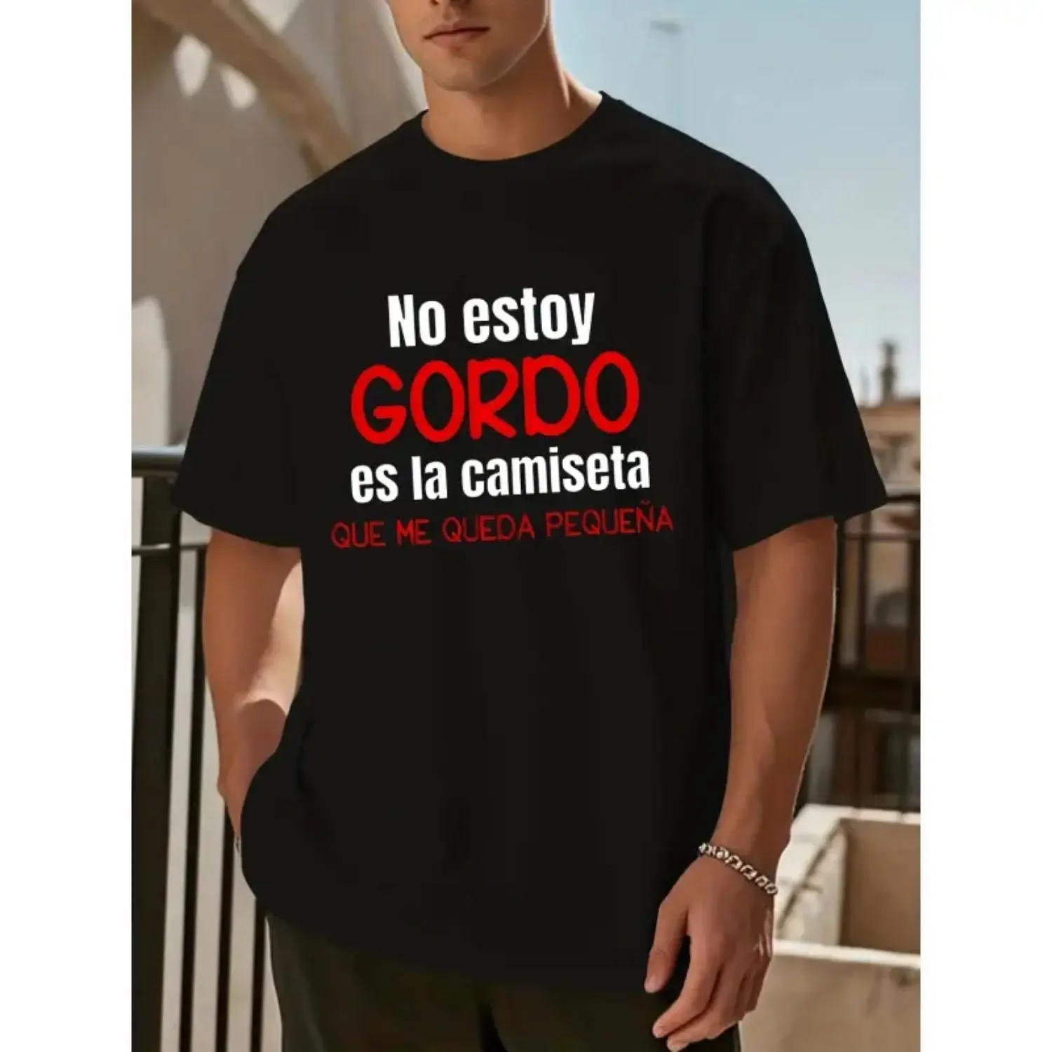 Spanish Quote T Shirt No Ey Stay Gordo No Estoy Gordo Slogan Black White And Red Spanish Text Casual Crew Neck Short Sleeve Shirt