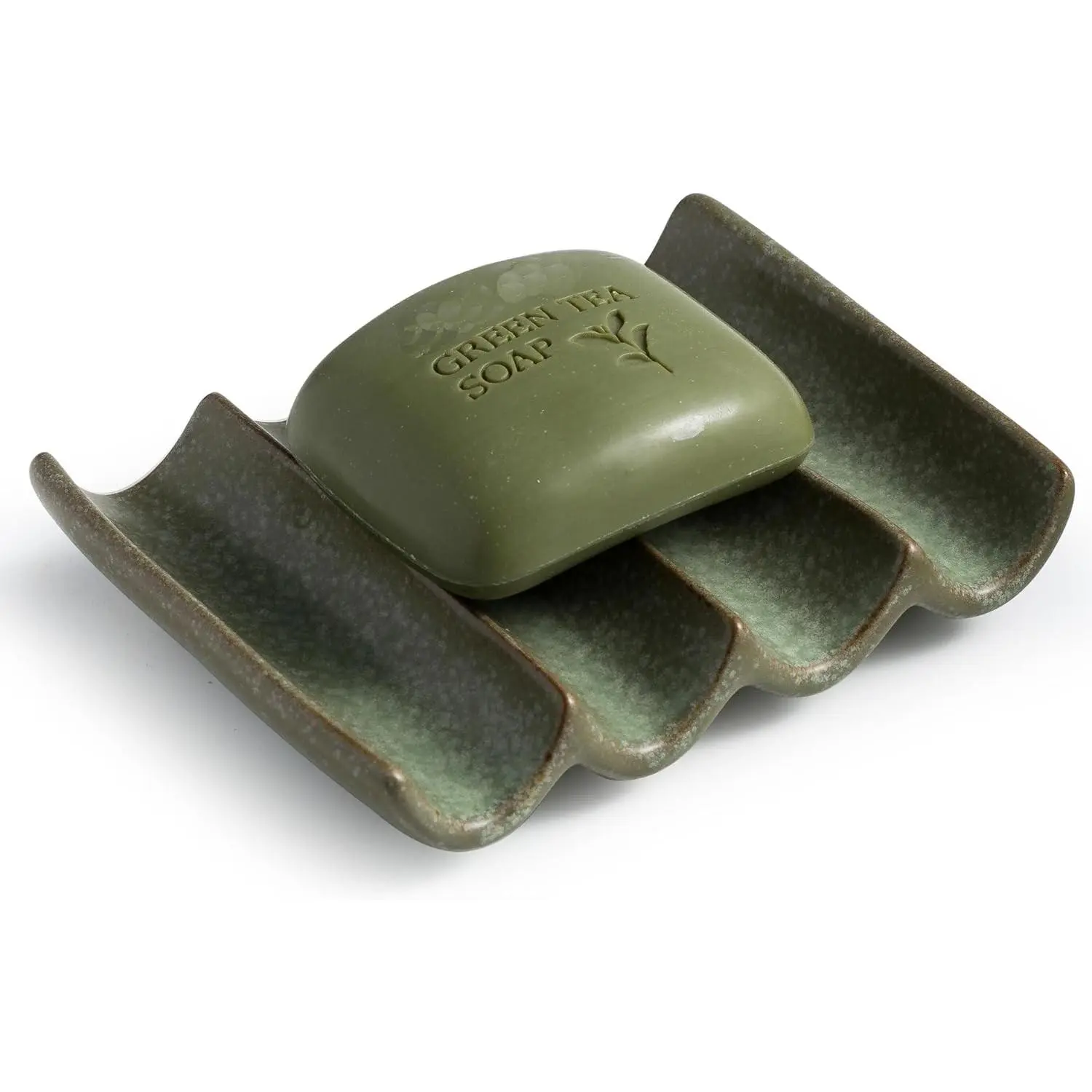 Draining Ceramic Soap Dish - Fluted Design, Bar Soap Holder for Shower & Bathroom, Soap Saver Sponge Lift, Green