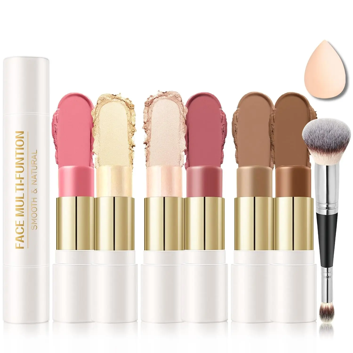 6-Color Double-Ended Cream Contour Stick Kit - Highlighter, Bronzer, Blush Sticks with Matte & Dewy Finish Face Makeup Set
