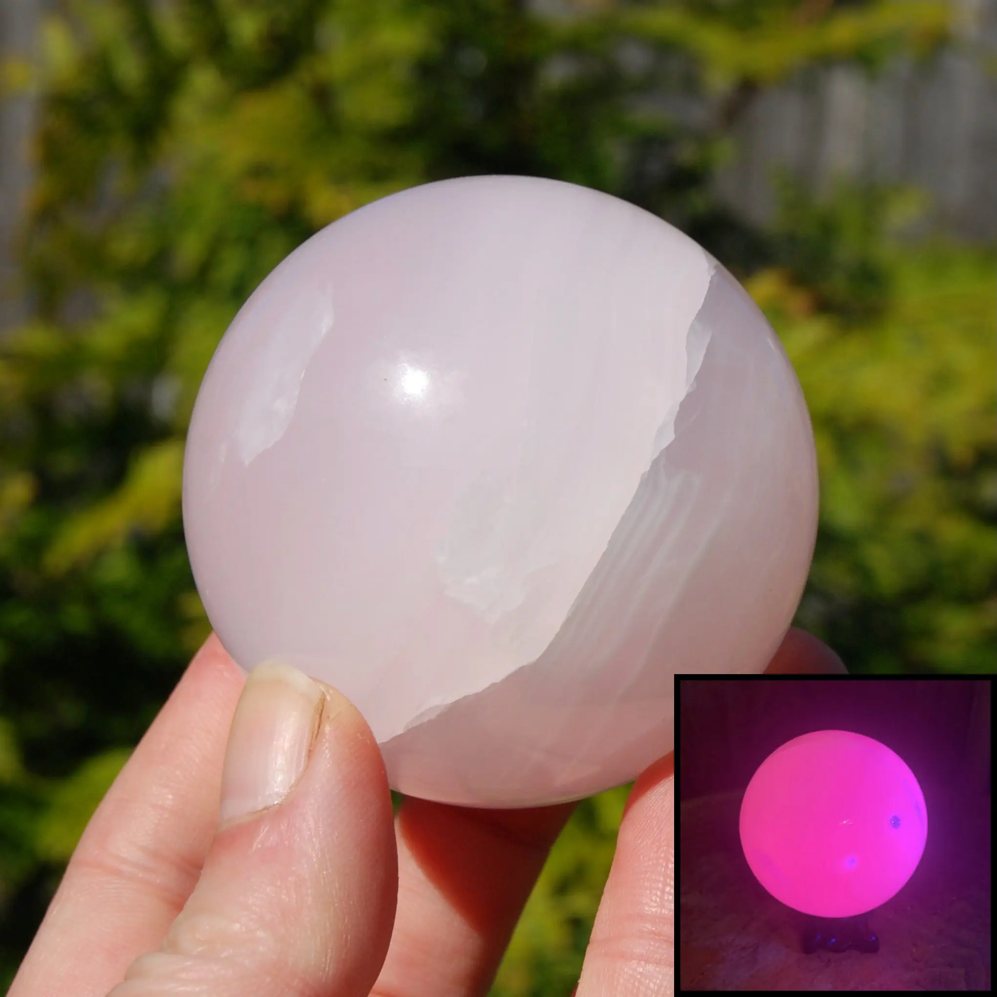 60mm Pink Mangano Calcite Crystal Sphere, Reiki Stone, Fluorescent UV Reactive