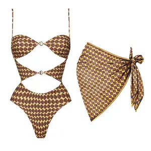 2026 new hollow-out one-piece swimsuit for women, two-piece swimsuit set with short skirt, casual vacation beach outfit set with short skirt