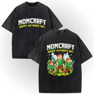 Momcraft Happy Mother’s Day Vintage Acid Wash T-Shirt, Minecraft Mom Pixel Graphic Front Back Print Oversized Unisex Black Washed Tee, Soft Cotton Gamer Mom Gift Shirt, Cute Family Pixel Game Crewneck For Gaming Mama Casual Street Outfit，tshirt tok
