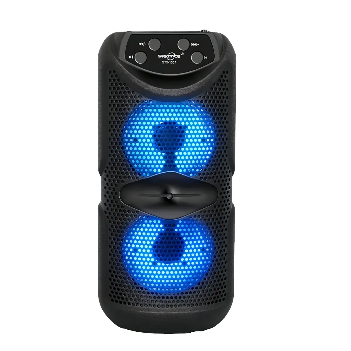 New wireless Bluetooth speaker—a portable device featuring dazzling lights and dual bass drivers. It supports multiple connection options (MP3, FM, TWS, USB, AUX, TF) and an external microphone, making it ideal for home parties.