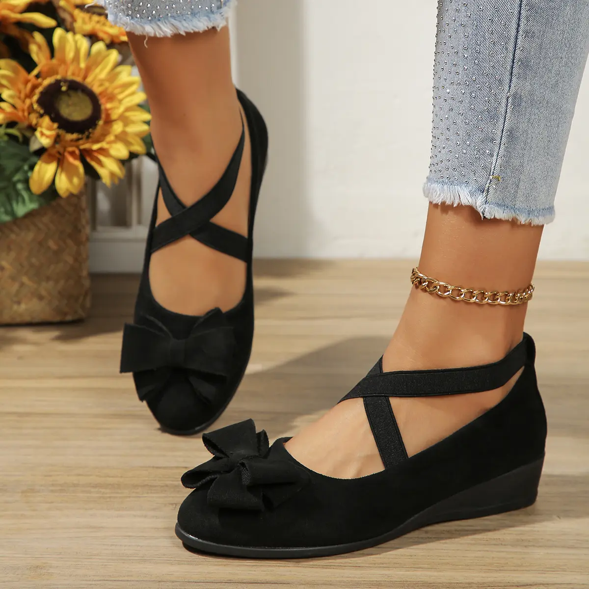 Women's Fashion Suede Wedge Slip-Ons - Classy Bow Detail, Elastic Strap, Soft Stylish Footwear, All-Day Comfort, Casual Chic Outfits, Spring-Fall Walking Shoes for Women