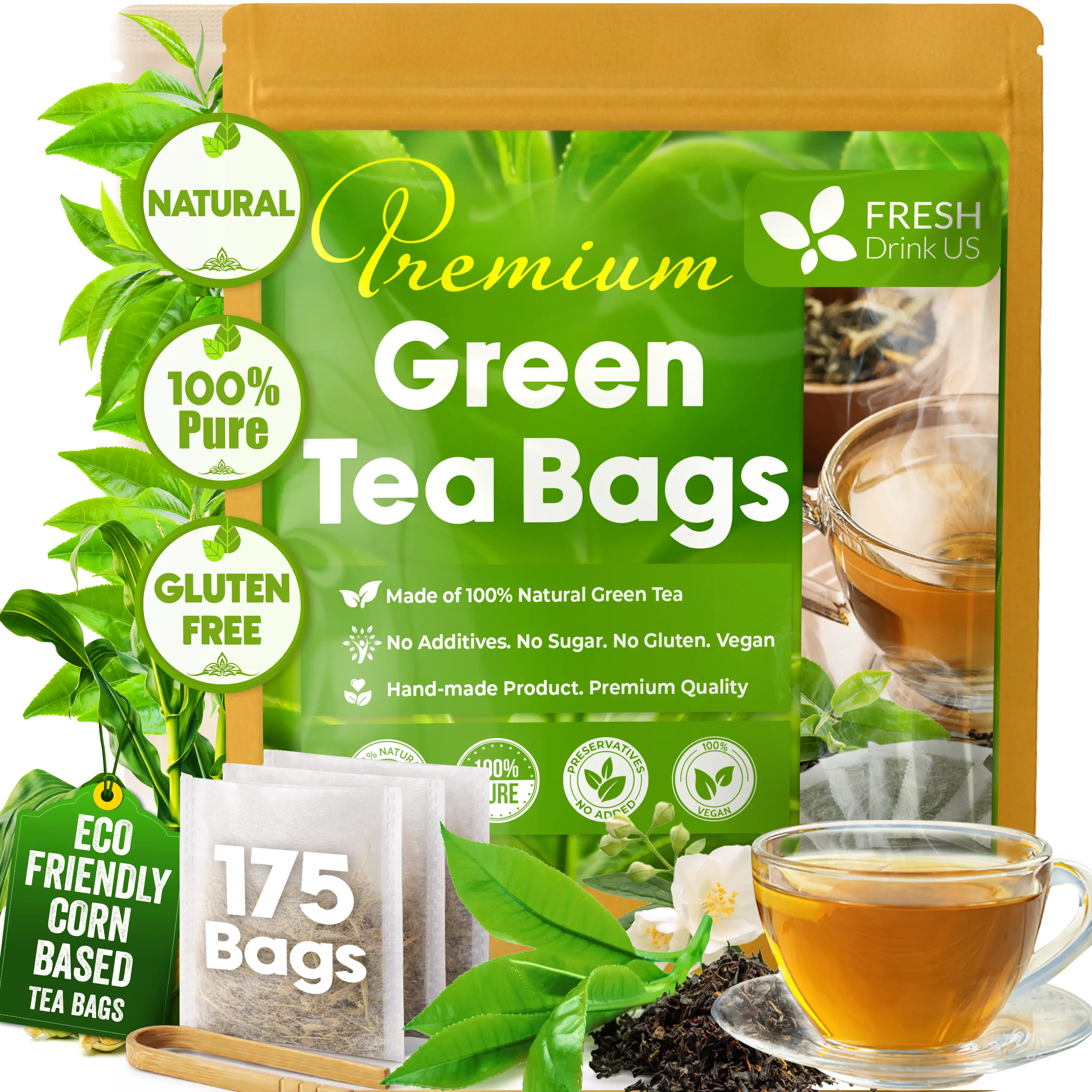 FreshDrinkUS, Premium 175 Green Tea Bags, 100% Natural & Pure from Green Tea. Green Herbal Tea. Made with Natural Material Tea Bags. No Sugar, No Gluten, Vegan