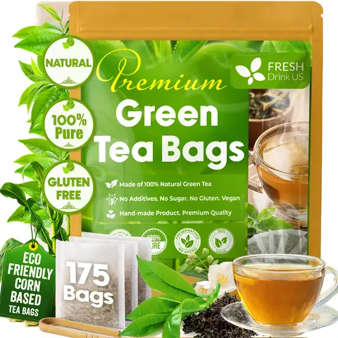 FreshDrinkUS, Premium 175 Green Tea Bags, 100% Natural & Pure from Green Tea. Green Herbal Tea. Made with Natural Material Tea Bags. No Sugar, No Gluten, Vegan