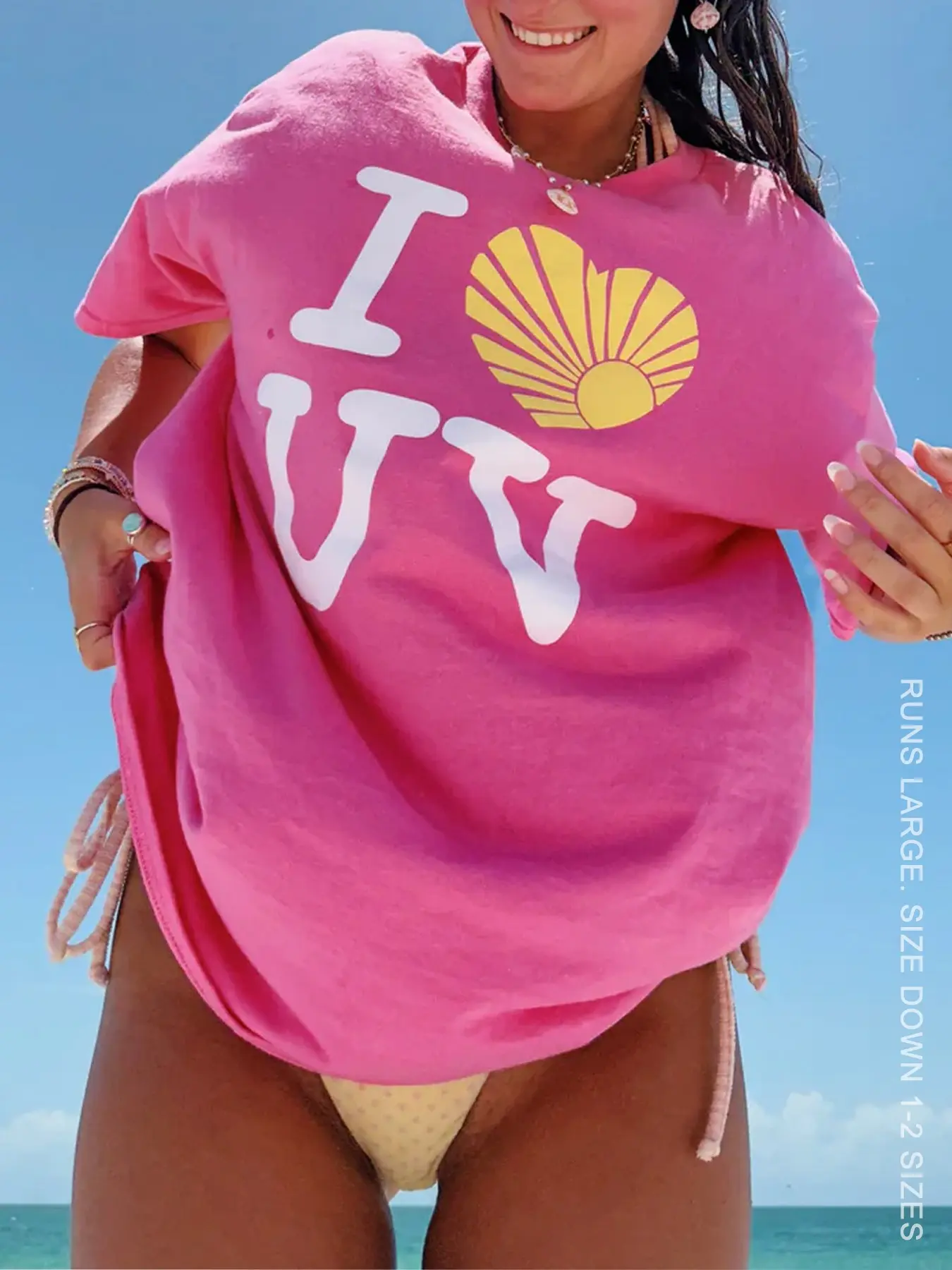 Women's 'i Heart UV' Print Oversized Baggy T-Shirt, Sun Tee, Shell Top, Loose Casual Summer Beach Shirt, Short Sleeve, Round Neck, Milk Silk Material, Love