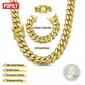14K Gold Plated Heavy Mens Soild Cuban Link Chain Necklace and Bracelet Set Miami 8/10/12/14MM Hip Hop Jewelry GiftValentine's Day Gift