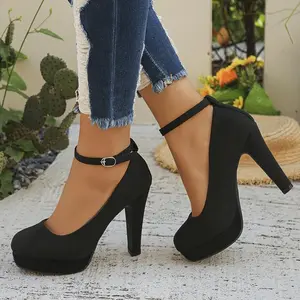 Spot goods Black High Heel Pumps with Ankle Strap - Professional Women's Dress Shoes, Round Toe Platform Heels for Work & Events, Comfortable Faux Cover Lining, Rubber Sole, Hand Wash or Dry Clean, Stiletto Heels Girl Footwear Classy Heeled