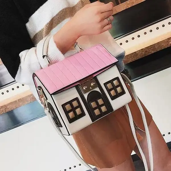 Cute House-Shaped Crossbody Bag for Women | Novelty Top Handle Purse with Adjustable Strap | Pink, White & Black