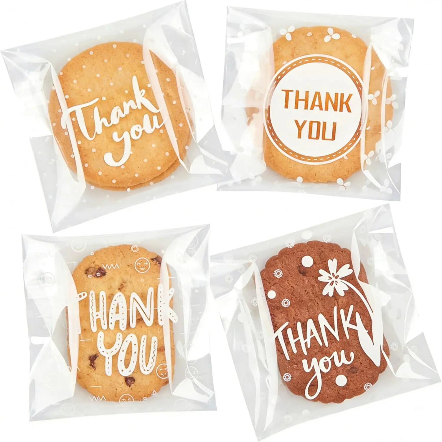 300 count Self-Adhesive Thank You Cookie Bags, 4x4 Inch White Polka Dot Clear Cellophane  Bags for Individual Dessert Pastry Goodie Candy Cookie Packaging, Party Favors, Bake