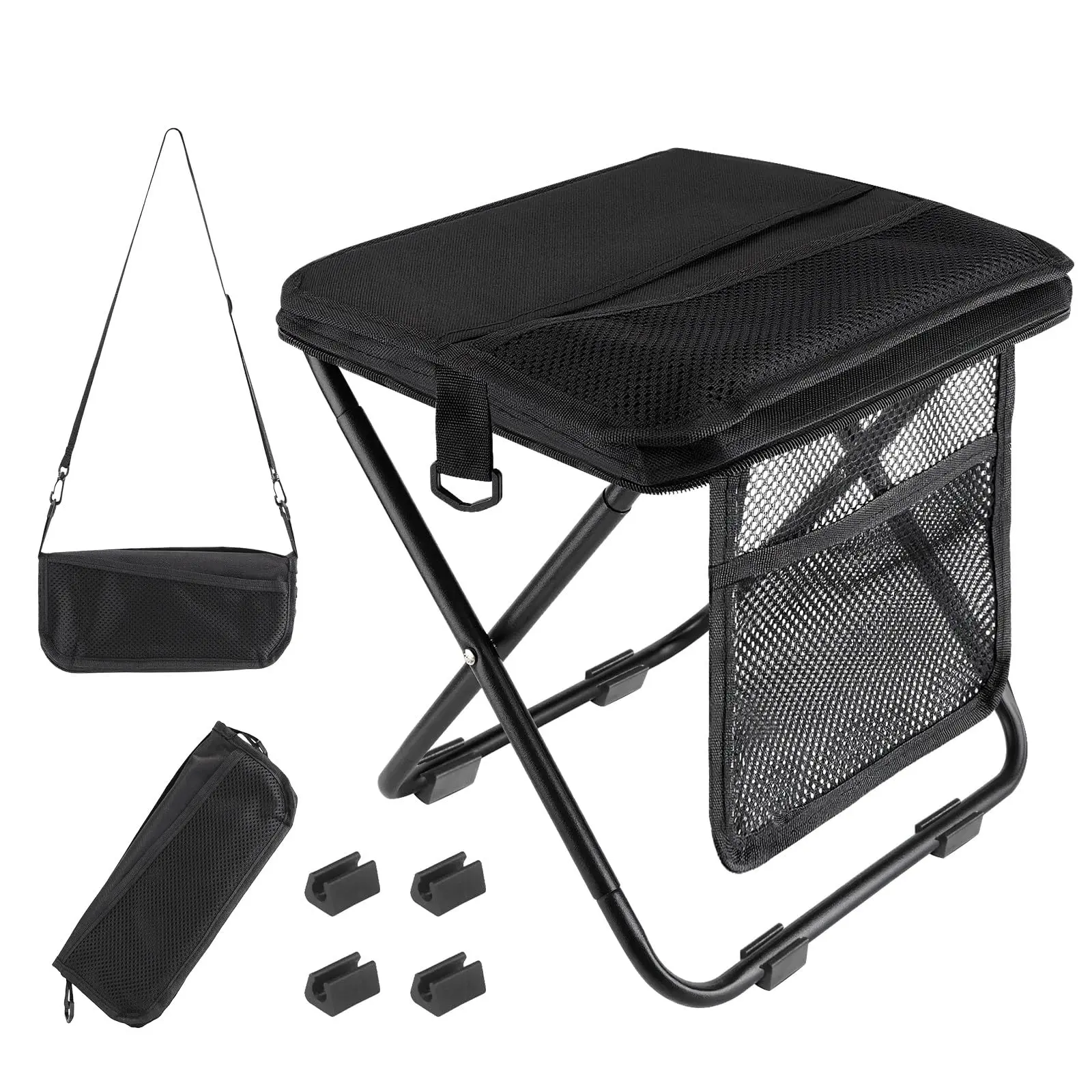 Foldable Metal Portable Stool with Side Pocket - 14.2 Inches Tall Ergonomic Sitting Position Hands-Free Storage Seat for Adult Camping, Tailgating (Home Supplies Compact Lightweight Backpacking Stool)