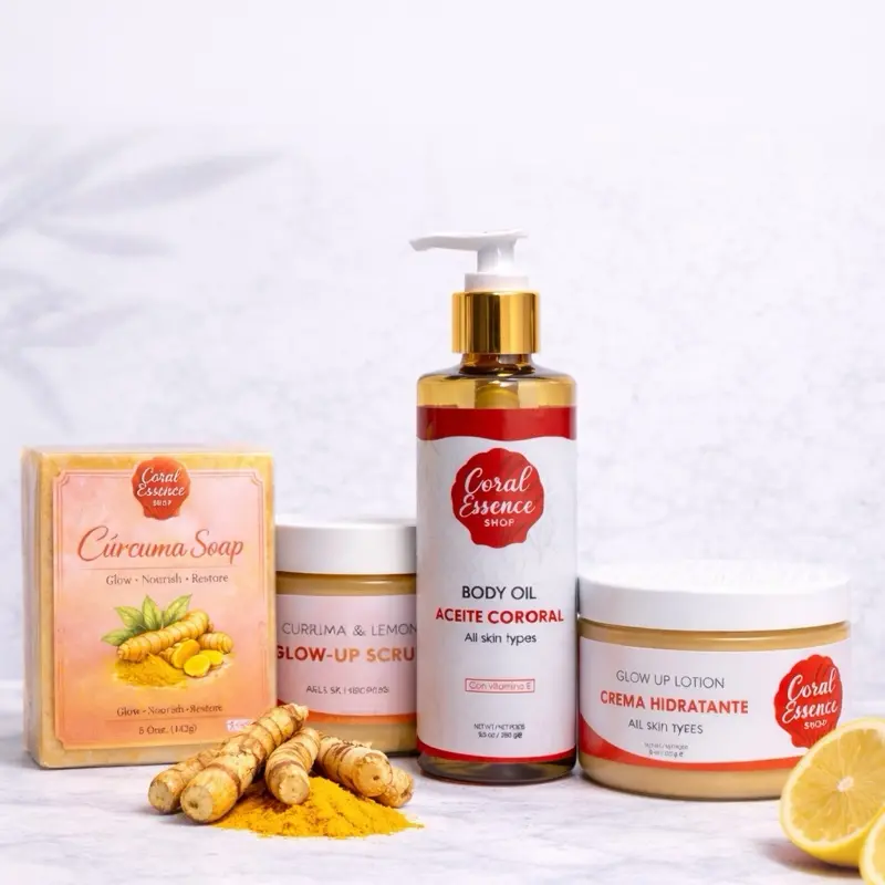 CORAL ESSENCE GLOW UP + - Includes Curcuma Soap Exfoliating Cream Anti-Stretch Marks Oil & Glow Up Lotion for Radiant Skin