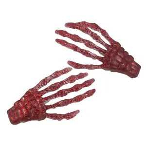 Skeleton Bone Hand Hair Slides Clip Red Glitter