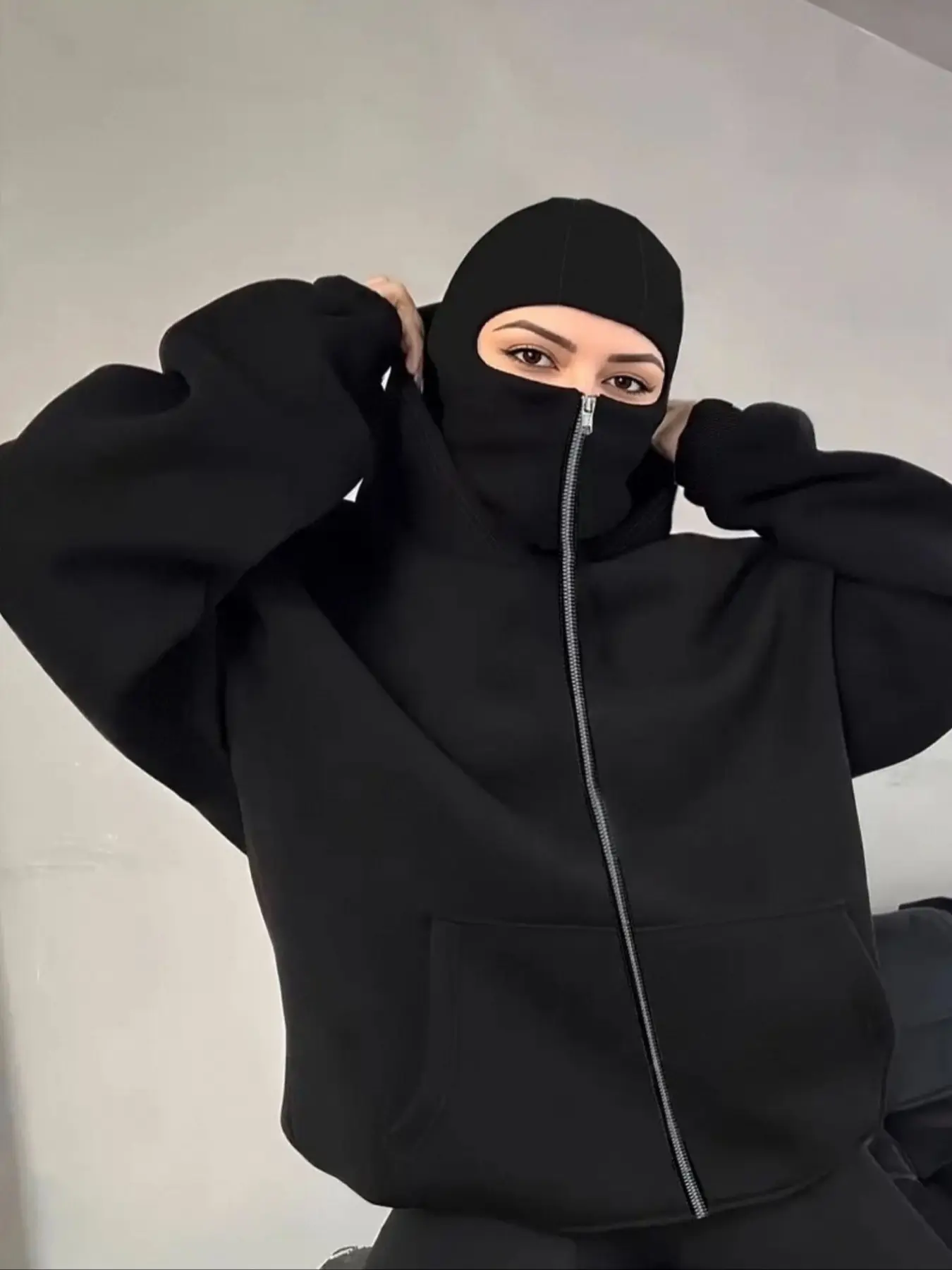 Stylish Women's Double Hood Balaclava Long Sleeve with Zipper, Ribbed Cuffs, Elastic Waistband, All-Season Casual Fit Aesthetic Hoodie Sweatshirts Tops