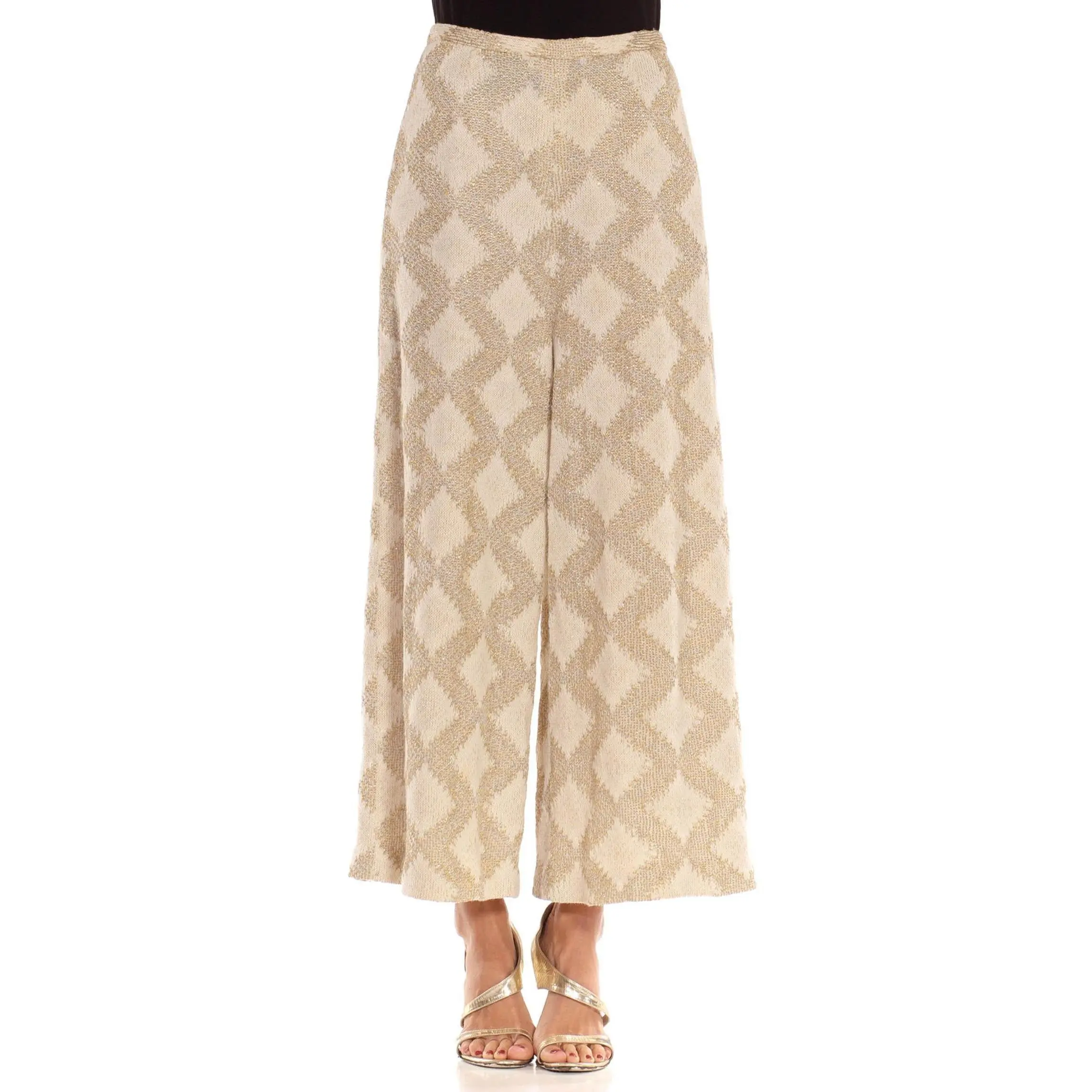 1970S Metallic Gold Poly Lurex Knit Bell Bottom Pants