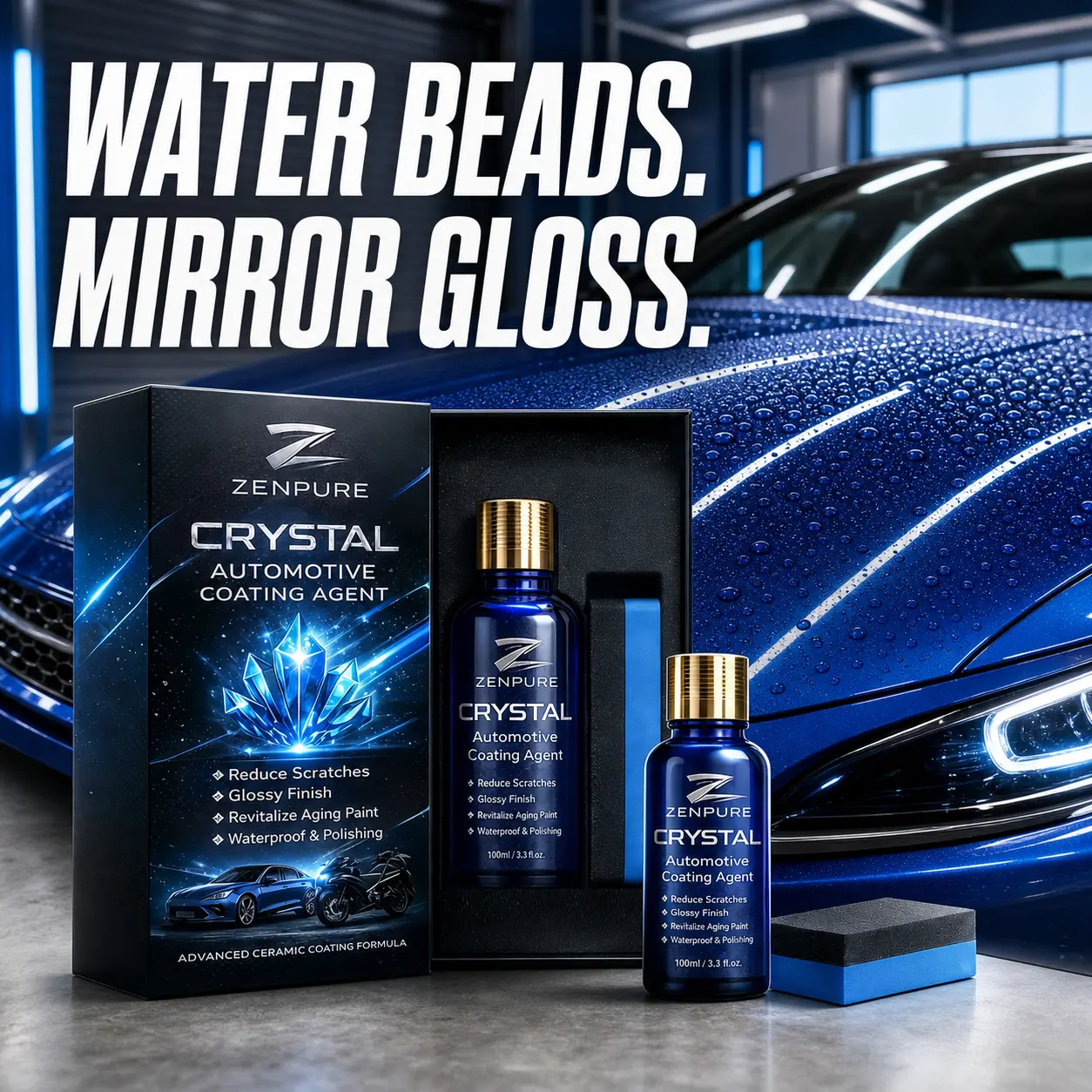 ZENPURE Crystal Automotive Protective Coat Agent, 100 mL Bottle with Applicator Sponge, High Gloss Polish, Water-Repellent Water Beading Exterior Detailing Kit for Cars/SUVs/Trucks, Includes Sponge