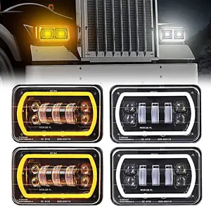 4Pcs 4x6 led headlights with White Yellow Halo Ring High Low Sealed Beam H4651 H6545 H4668 H4656 LED headlight Replacement Fit for Kenworth Semi Truck Peterbilt 379 Headlights