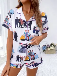 Women's 2-Piece Kpop Cartoon All-Over Print Pajama Set Pyjamas Womenswear Pjs, Nightwear Summer Lapel Cardigan Loungewear, Soft Breathable Fabric Short Sleeve & Shorts, Casual Wearable Outside, Loungewear for All Seasons