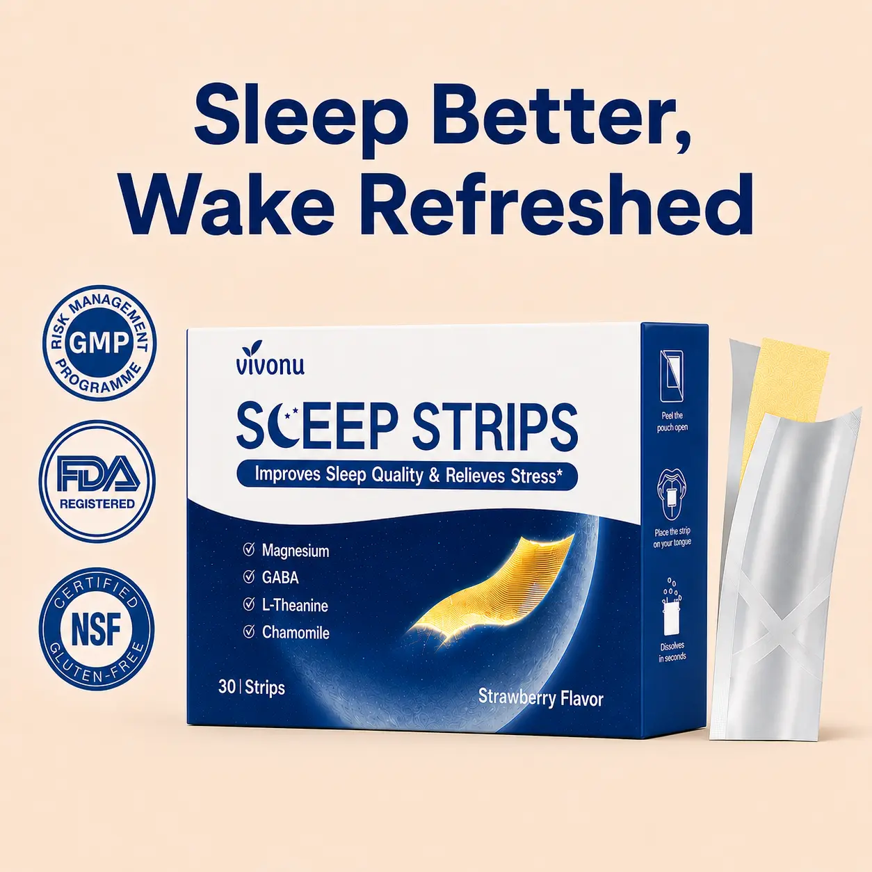 VivoNu Sleep Oral Dissolve Strips Plant-Night Calm & Deep Relaxation with Magnesium, GABA & L-Theanine | Fast-Dissolve Strawberry Formula Melatonin Stick Healthcare