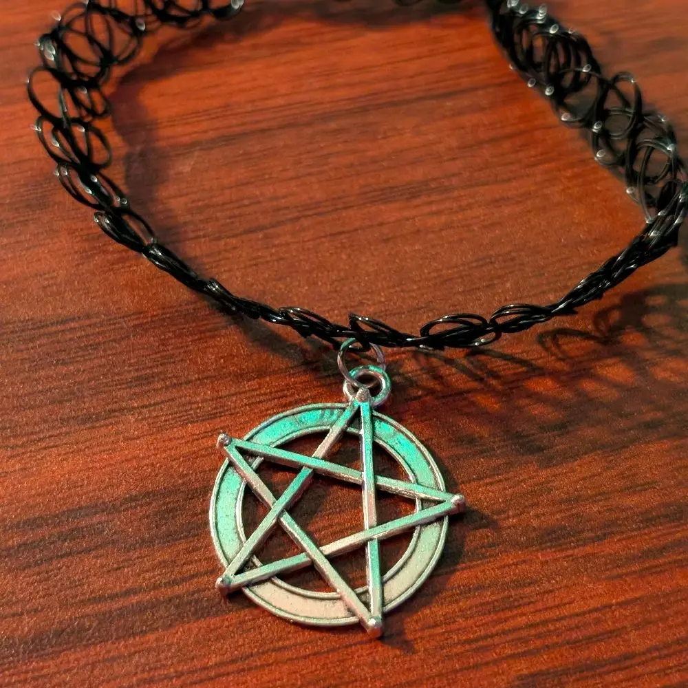 Pastel Raven Goth 90s tattoo choker with Pentacle charm