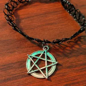 Pastel Raven Goth 90s tattoo choker with Pentacle charm