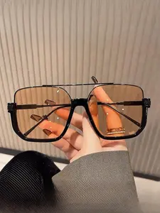 Vintage Unisex Fashion Color Lenses Pilot Sunglasses, Perfect Gift for Him and Her, Half Frame Summer Retro Style Glasses, Trendy Casual Sunglasses