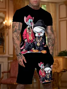 Men's Cartoon Print Short Sleeve Set, Fashion Casual Hip-Hop Style T-Shirt and Shorts Two-Piece Set, Trendy