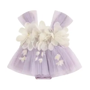 Newborn Infant Baby Girls 3D Flower Tulle Romper Dress Newborn Sleeveless Fairy Dress Wedding Birthday Baptism Outfit