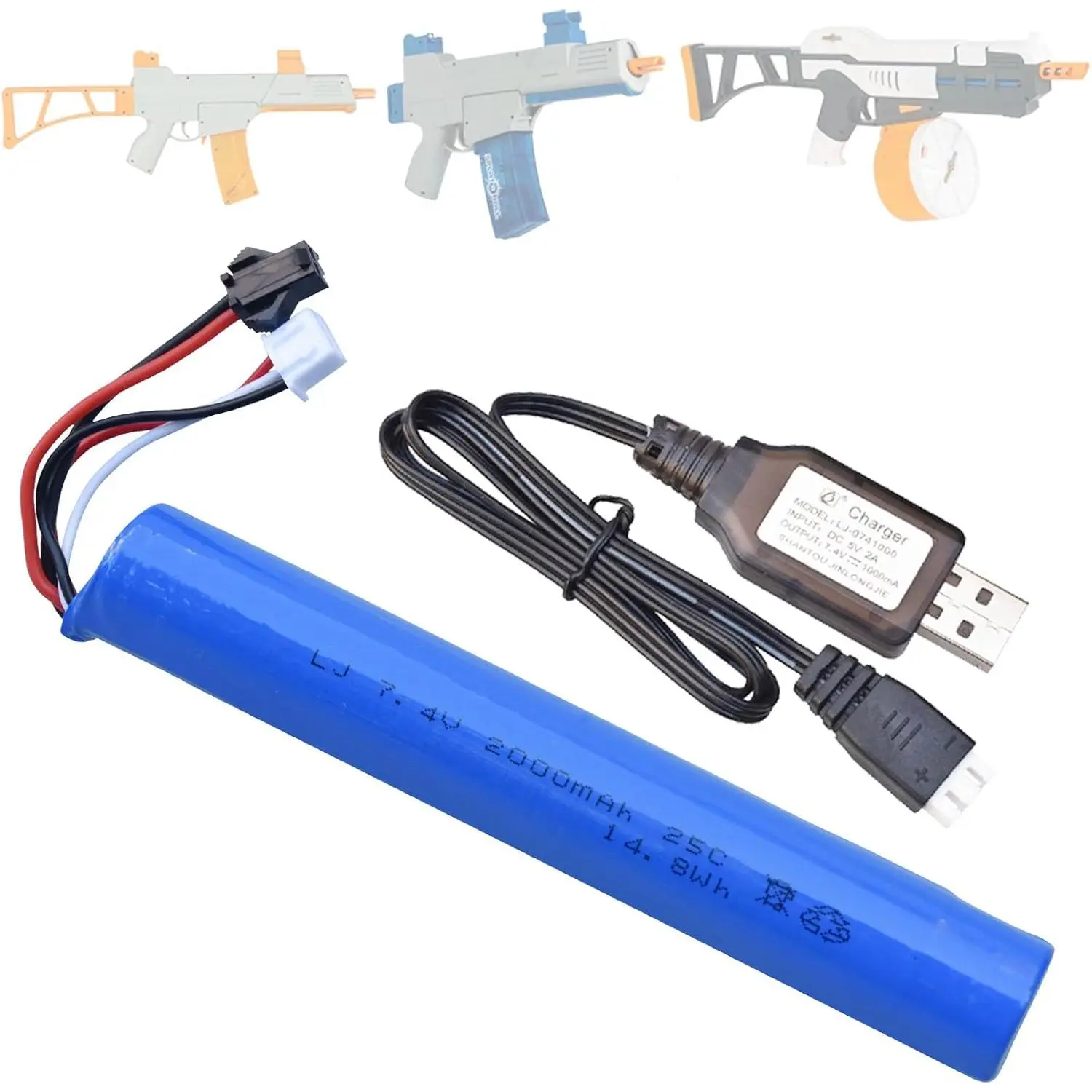 7.4V 2000mAh Rechargeable Water Bead Gel Ball Blaster Battery with Charging Cable, 132x18mm 1-Pack Replacement Battery for SRB400, SRB-400 SUB, SRB1200 Airsoft Gel Blasters, Rechargeable Battery