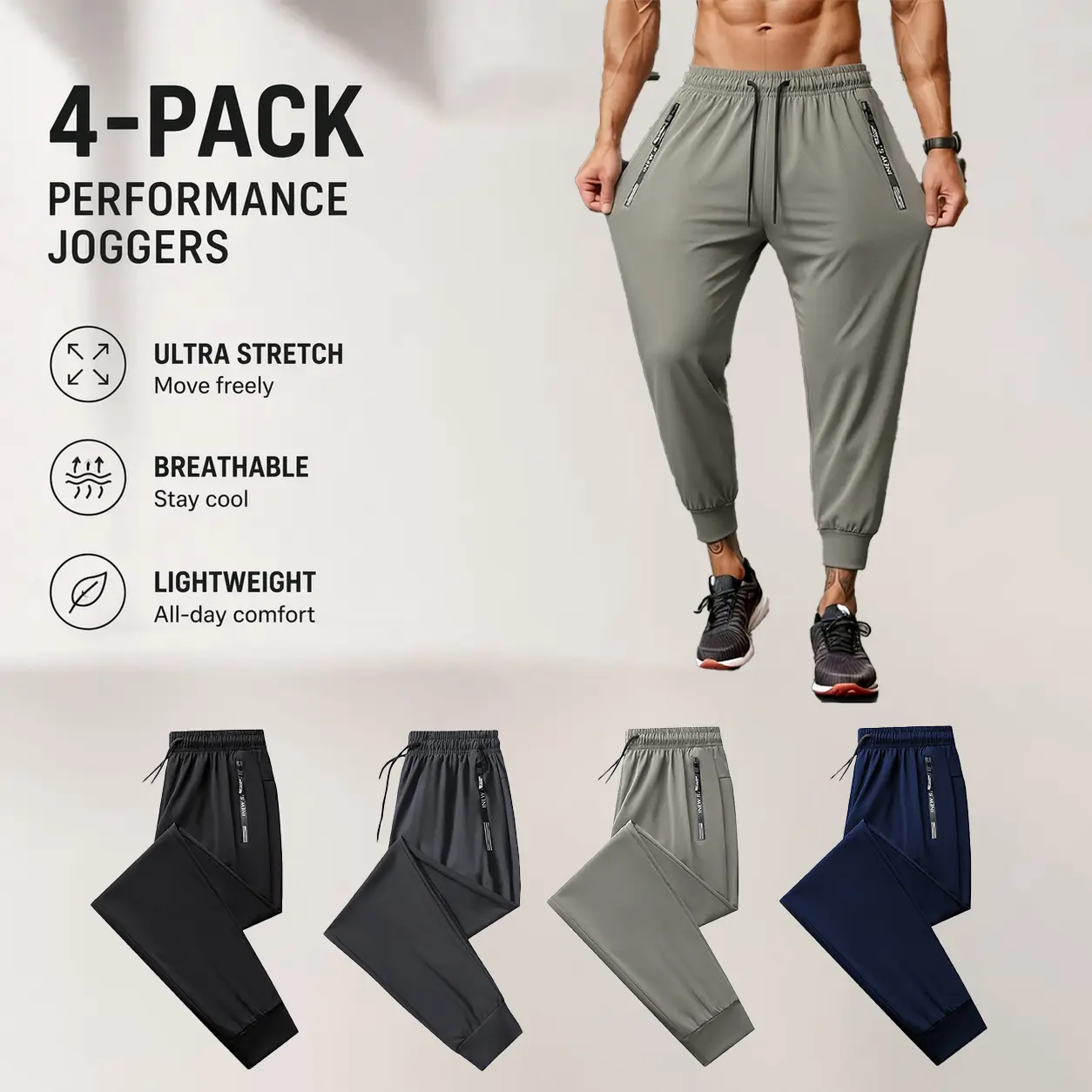4-Pack Men's Performance Joggers Ultra Stretch Quick Dry Sweatpants with Zippered Pockets Lightweight Athletic Track Pants Drawstring Elastic Waist Slim Fit Tapered Workout Leggings for Gym Running Sports Daily Casual Wear
