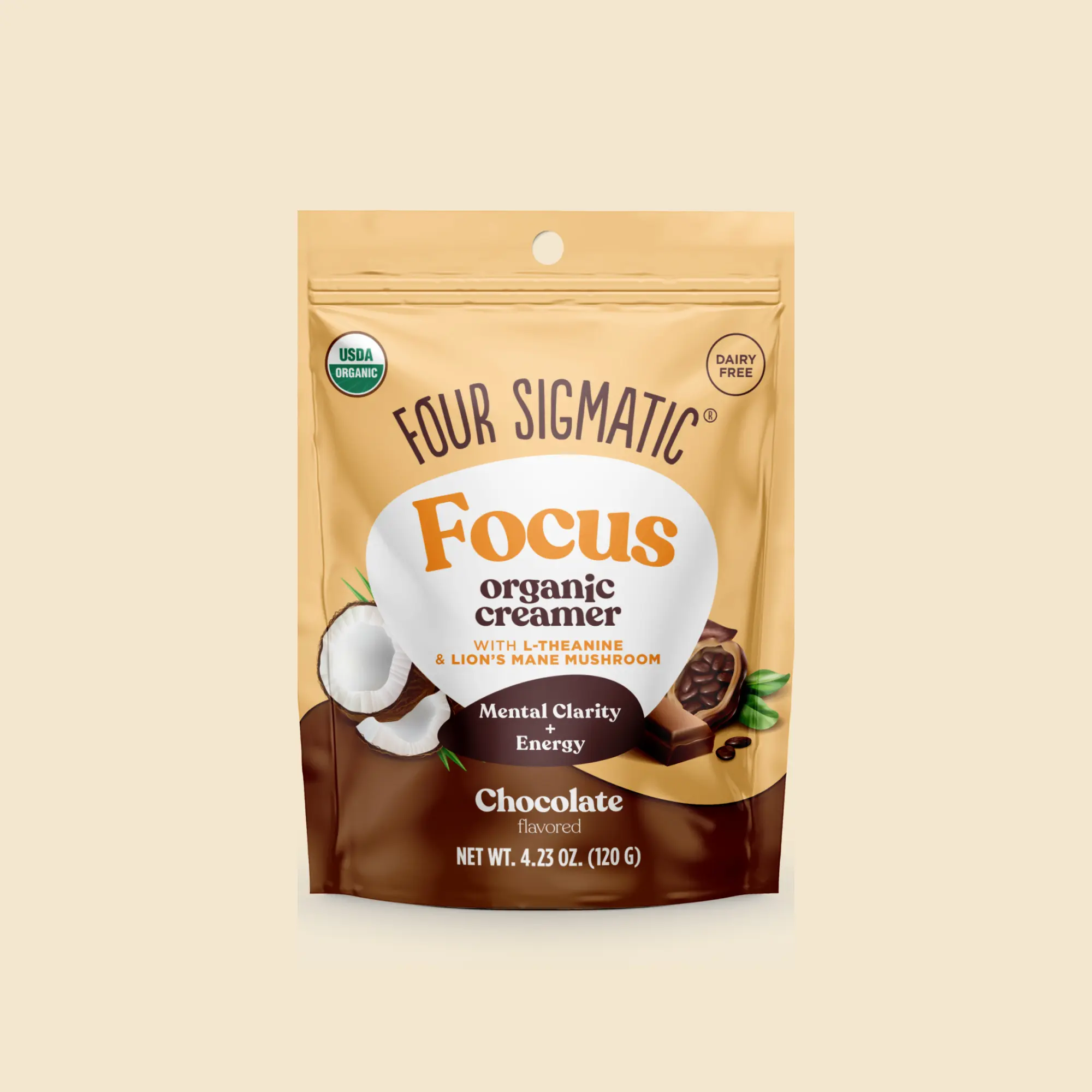 Four Sigmatic - Focus Organic Coffee Creamer, Chocolate Flavor, With Lion’s Mane and L-theanine, 4.23 oz Four Sigmatic - Focus Organic Coffee Creamer, Chocolate Flavor, With Lion’s Mane and L-theanine, 4.23 oz
