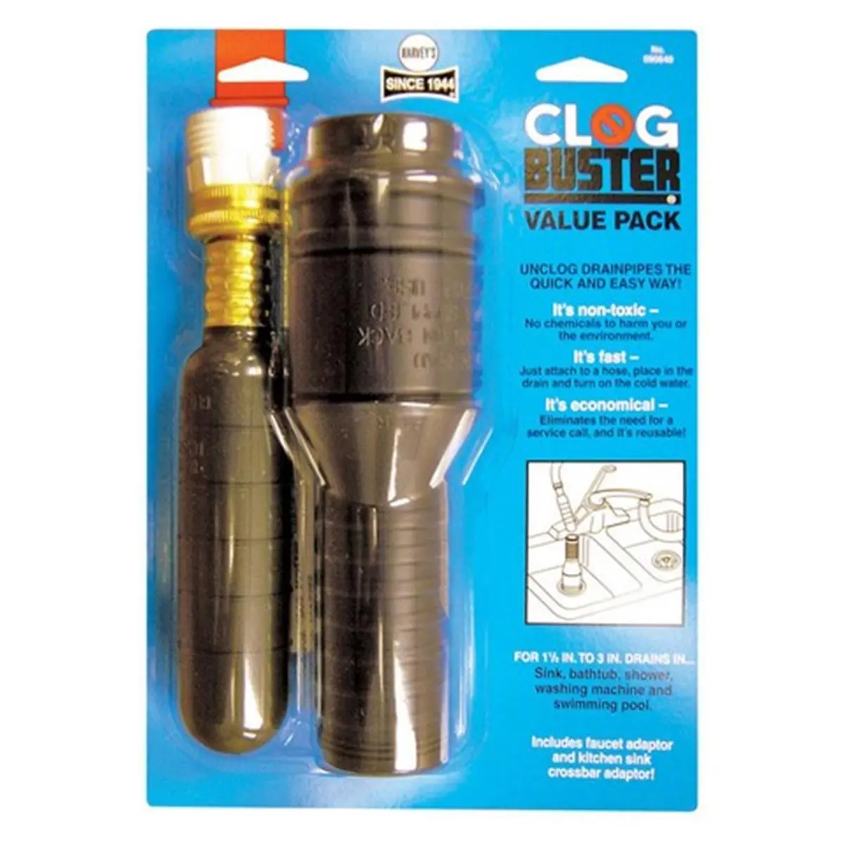 212 MAIN Clogbuster Combo Kit (090640) - Reusable Hose-Connected Unclogging Tool with Faucet Adapter, Standard Hose Hookup, Kitchen Sink Crossbar Adaptor, Expands to Lock in Place, Fits 1.5-3 in/1.5 - 3 inches Drains for Bathrooms, Sinks