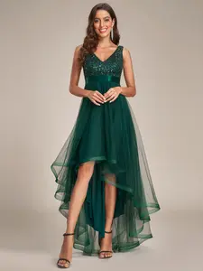 Ever-Pretty Sequin Bodice Tulle High-Low Evening Dress with Ribbon Waist Sleeveless Womenswear Asymmetrical 0147