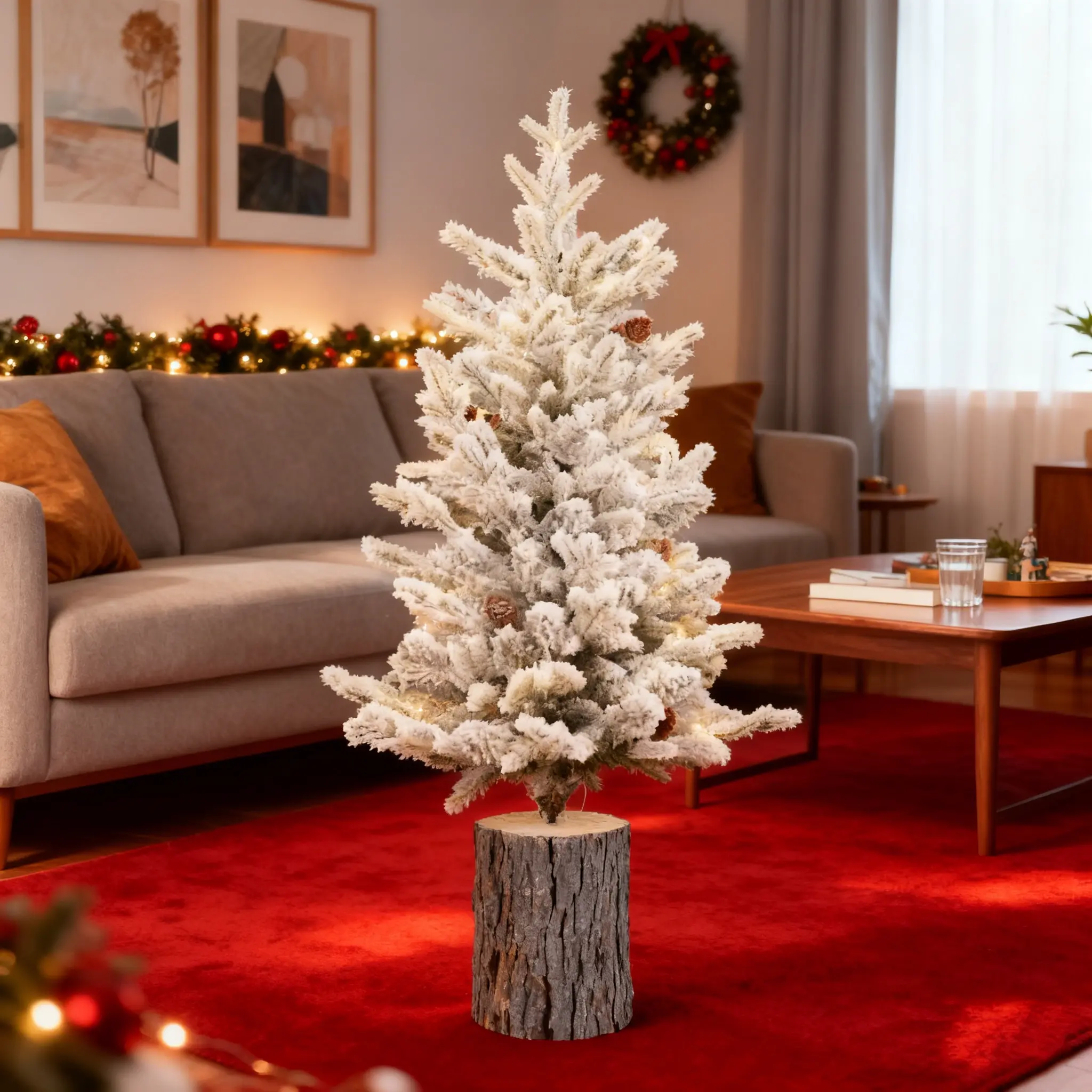 iCapeson 3FT Flocked Christmas Tree Prelit with 70 Warm White LED Lights, 365 Tips PE+PVC Artificial Xmas Tree in Pot Base for Tabletop, Desk, Mantel - Small Snowy Holiday Home Decor