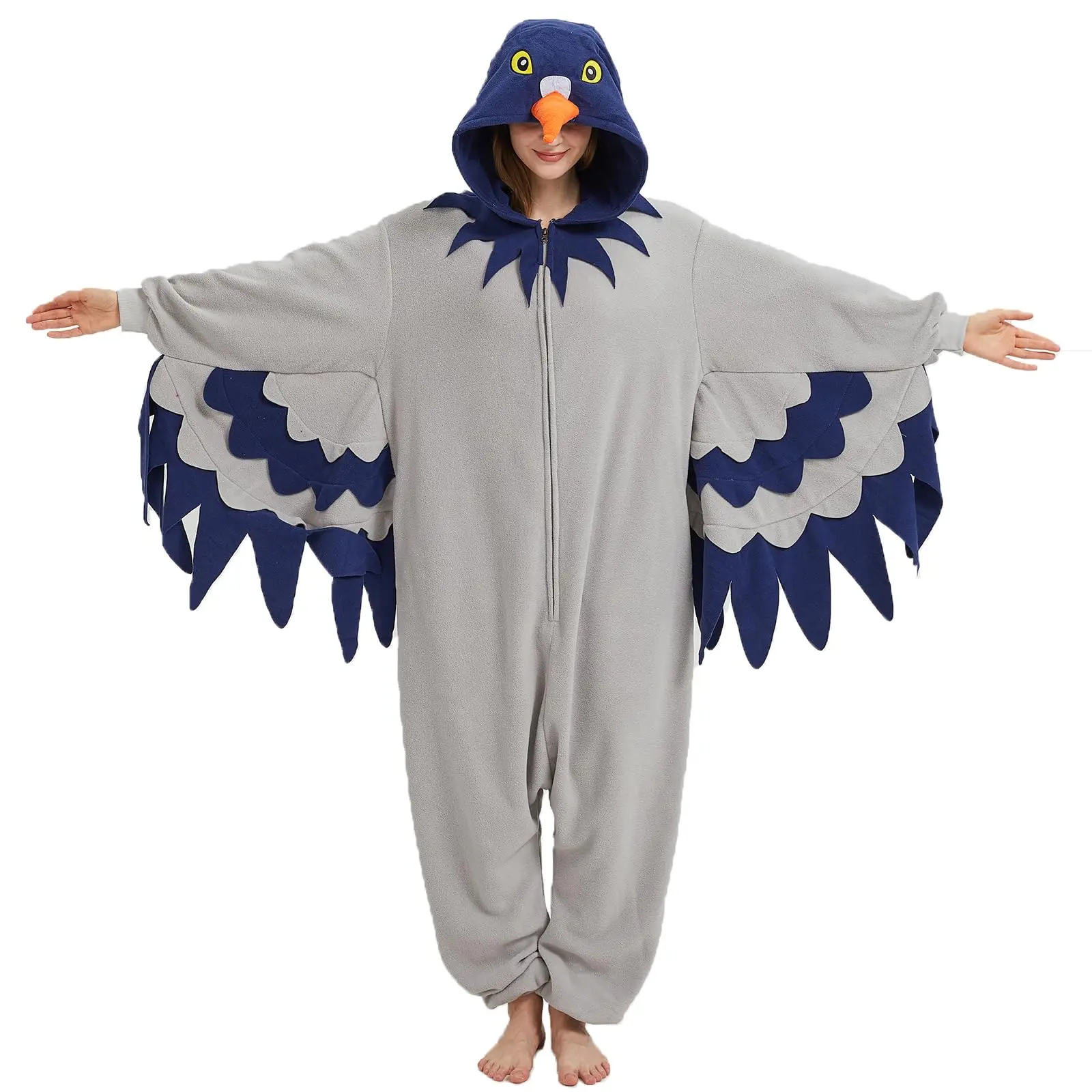 Pigeon Onesie - Cozy Gray and Blue Bird Costume with Hood and Wing Details for Comfortable Wear  robe anime onesies funny pajama solid private party