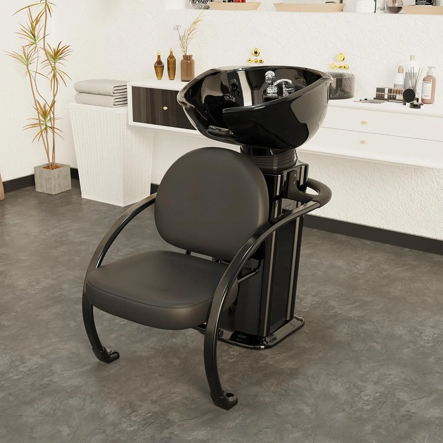 Baasha Shampoo Bowl and Chair Set for Salon, Professional Shampoo Chair with Bowl and Soft Neckrest, Comfortable Sponges Cushion, Adjustable Head Spa Chair for Barbershop Hair Wash Chair Barber Chairs