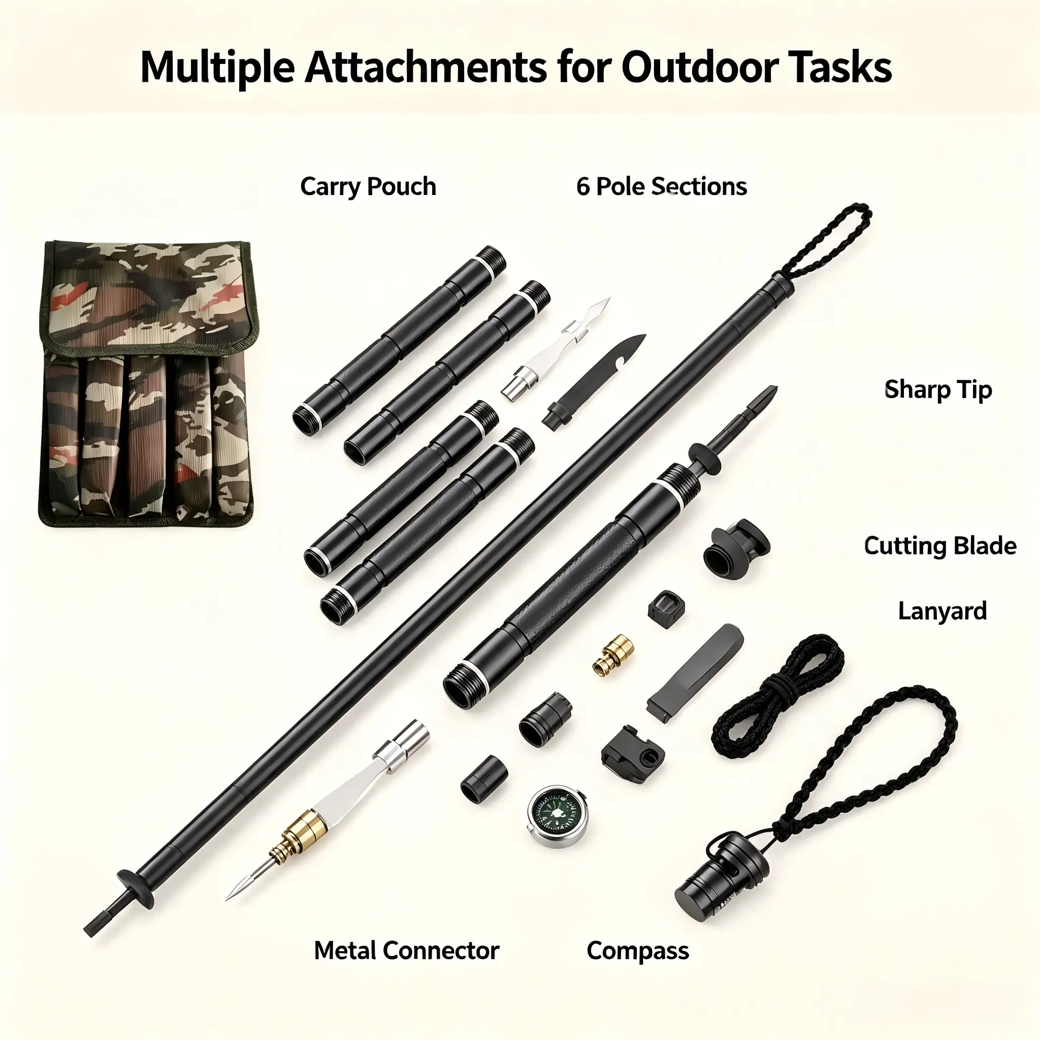 Unisex 6-Section Compact Hiking Pole with Quick Connect, Multifunctional Outdoor Gear, Camping Survival Tool with Storage Bag for Adventures